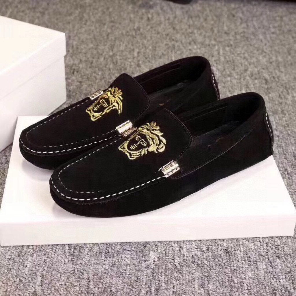 Versace Black Loafers with Gold Embroidery